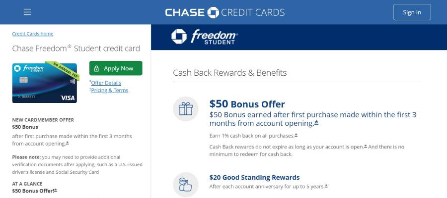 Chase Freedom Student credit card