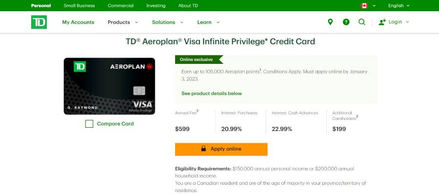 TD Aeroplan Visa Infinite Privilege Card